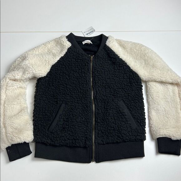 Monteau Girl Size 8 Black & Ivory Sherpa Zip Up Lined Bomber Jacket NWT - Picture 1 of 4